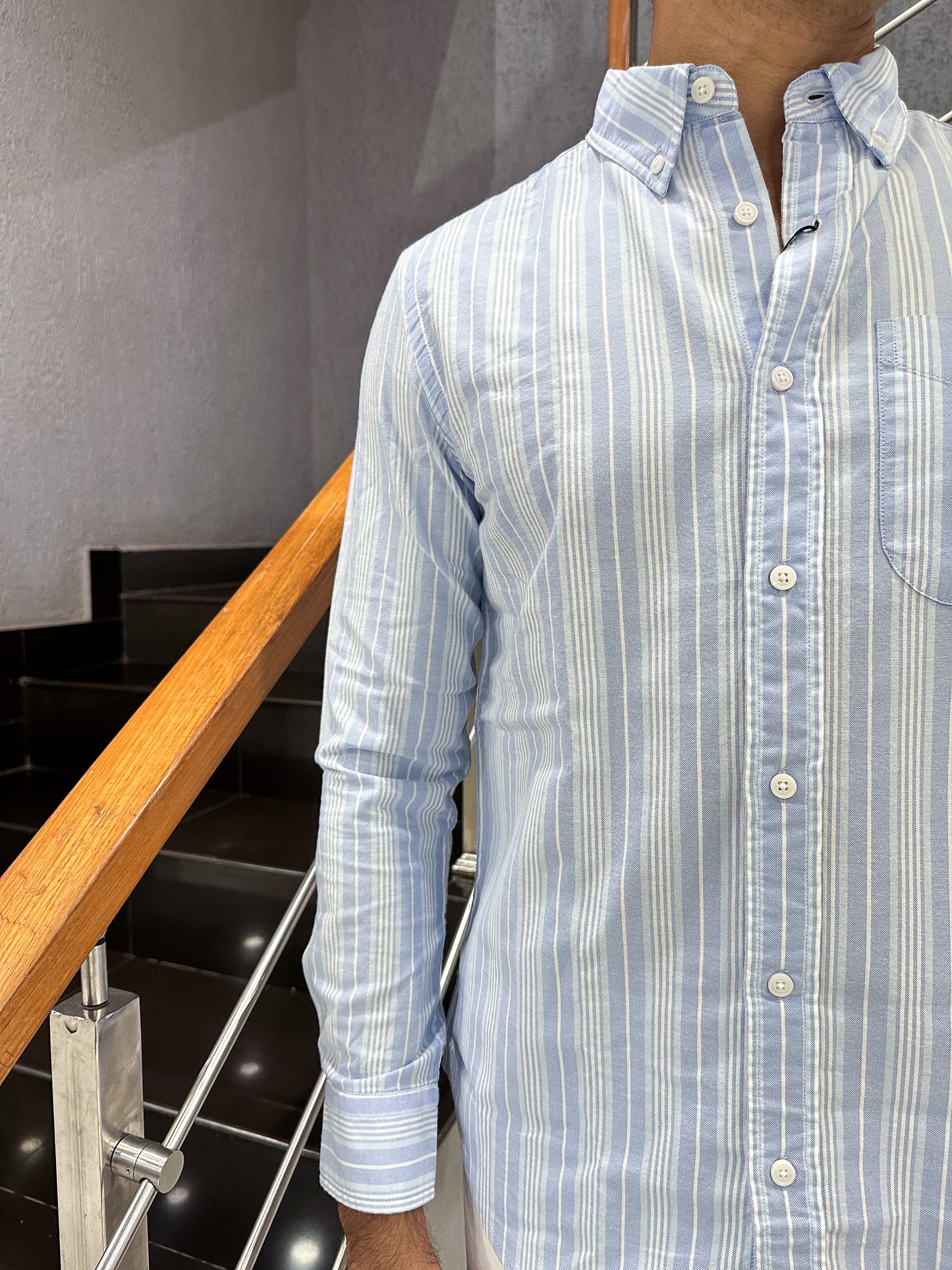 HENIIS Premium Sky Blue Oxford Cotton Striped Shirt for Men | Luxury Casual Full Sleeve Shirt