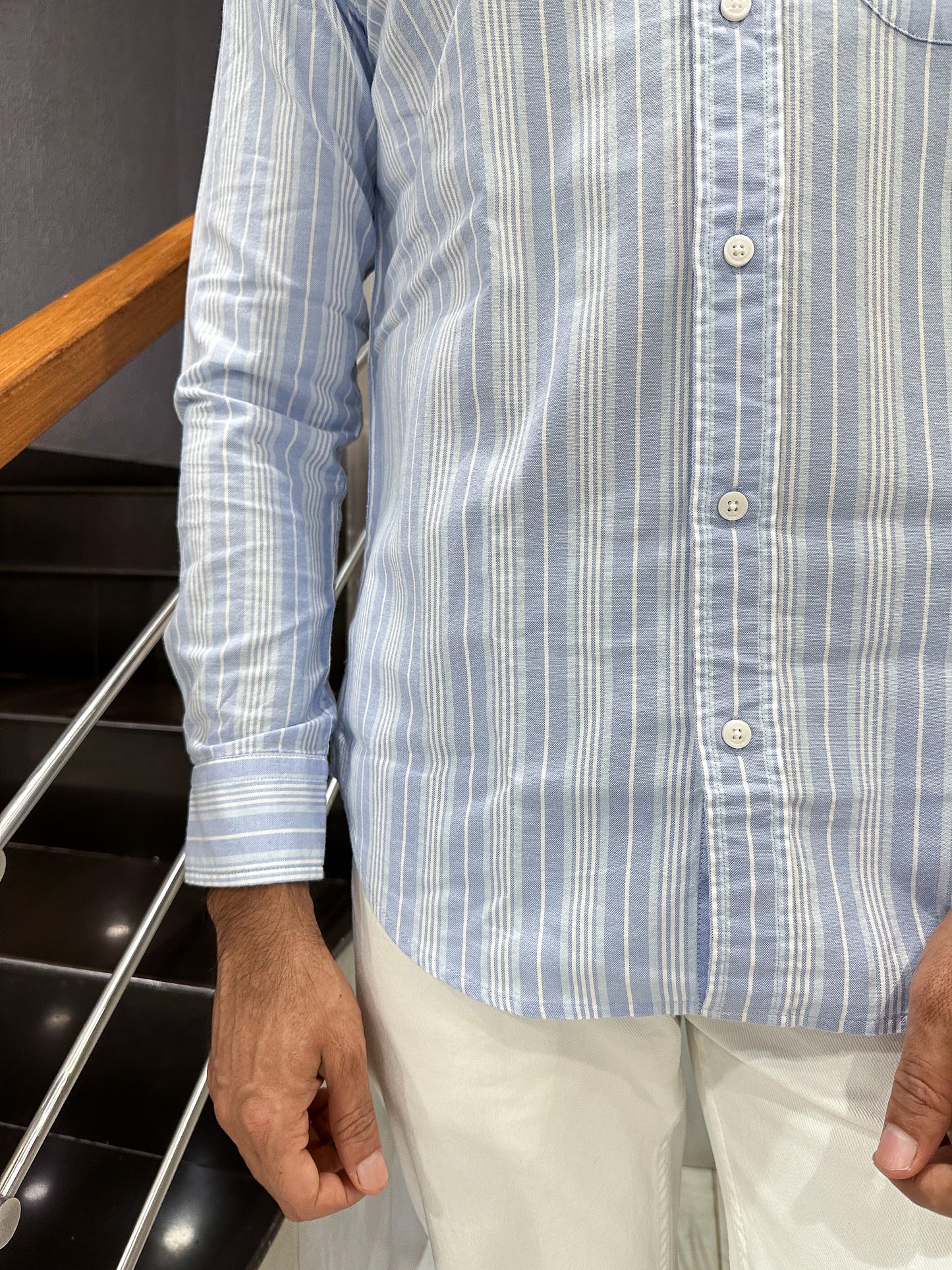 HENIIS Premium Sky Blue Oxford Cotton Striped Shirt for Men | Luxury Casual Full Sleeve Shirt