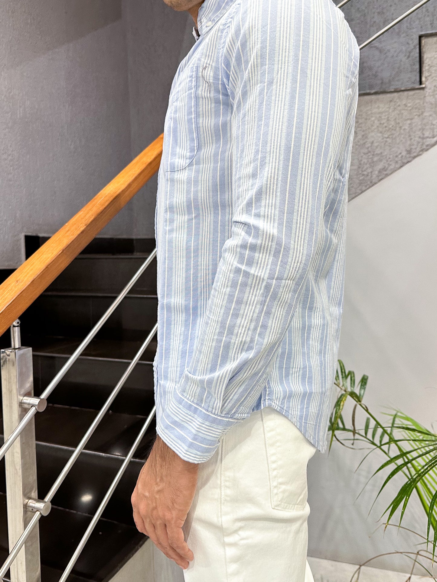 HENIIS Premium Sky Blue Oxford Cotton Striped Shirt for Men | Luxury Casual Full Sleeve Shirt
