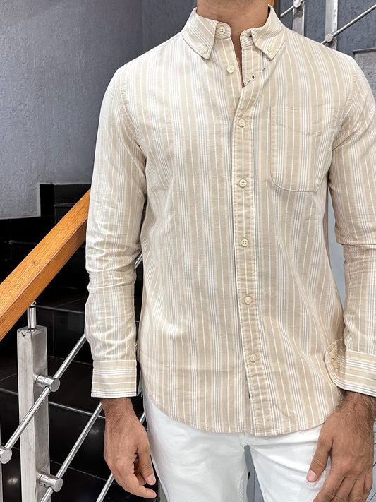 HENIIS Premium Beige Oxford Cotton Striped Shirt for Men | Luxury Casual Full Sleeve Shirt