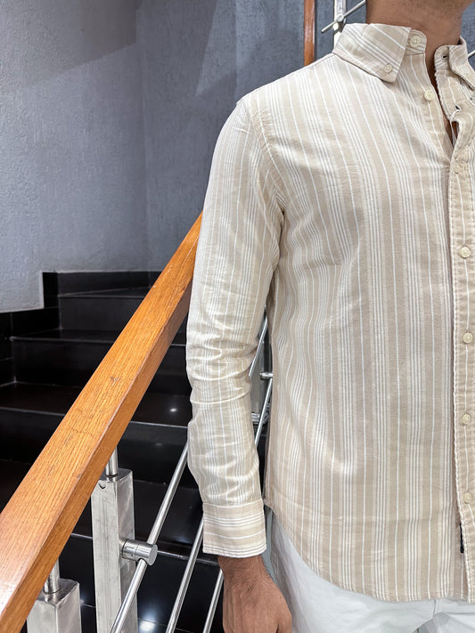 HENIIS Premium Beige Oxford Cotton Striped Shirt for Men | Luxury Casual Full Sleeve Shirt