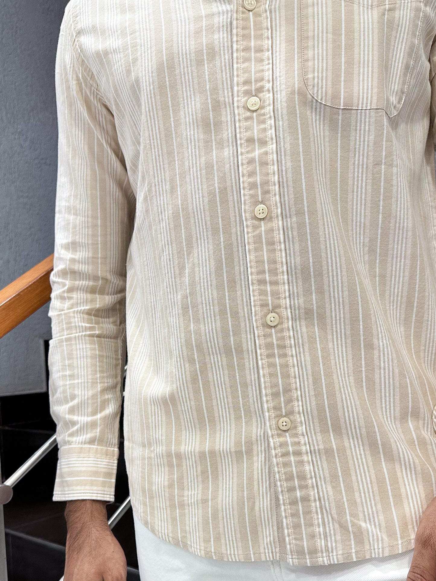 HENIIS Premium Beige Oxford Cotton Striped Shirt for Men | Luxury Casual Full Sleeve Shirt