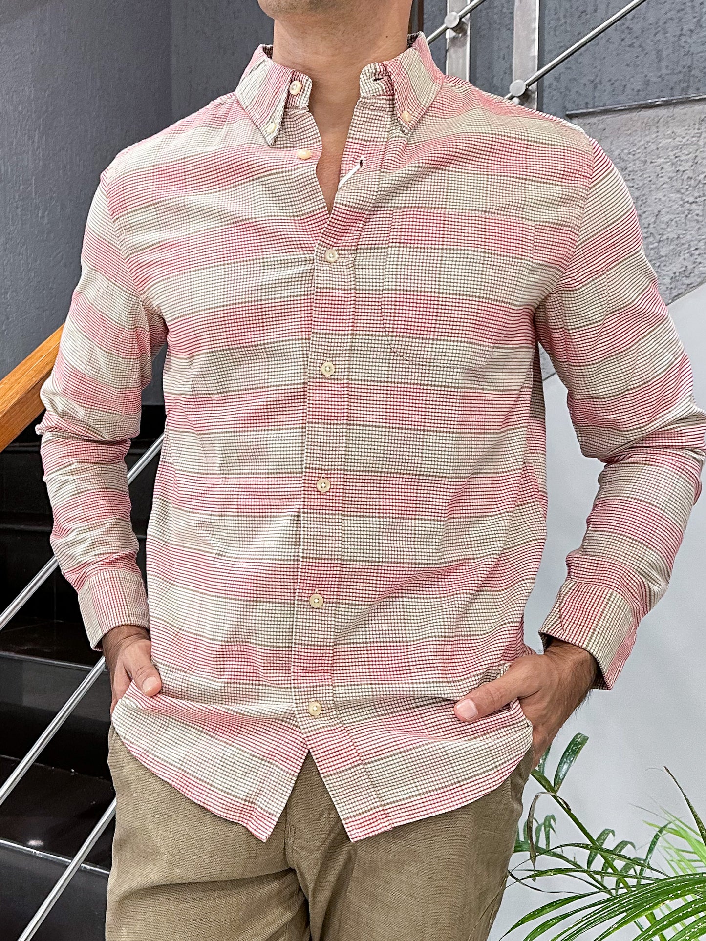 HENIIS Premium Red Beige Checked Cotton Shirt for Men | Luxury Casual Full Sleeve Shirt