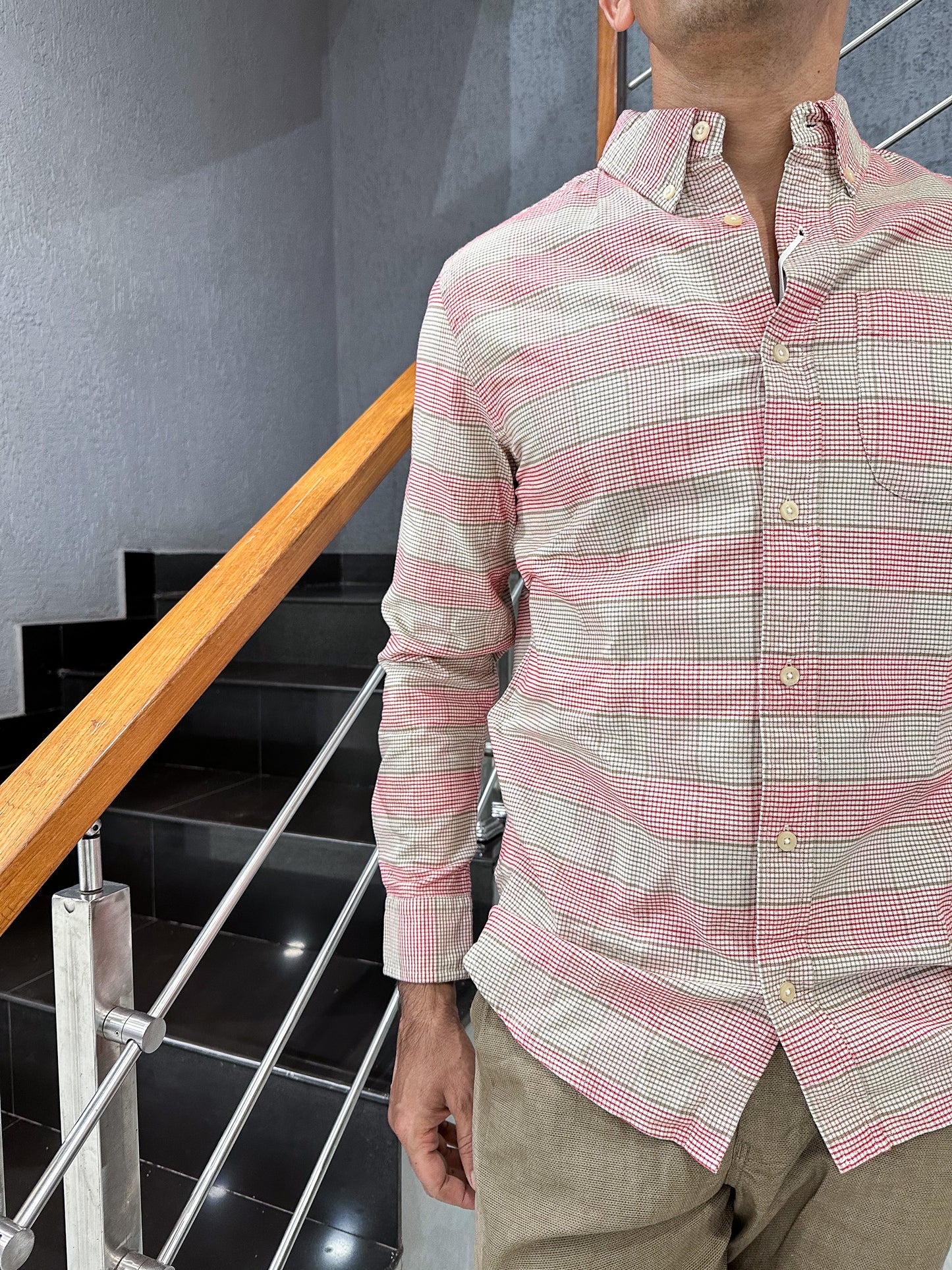 HENIIS Premium Red Beige Checked Cotton Shirt for Men | Luxury Casual Full Sleeve Shirt