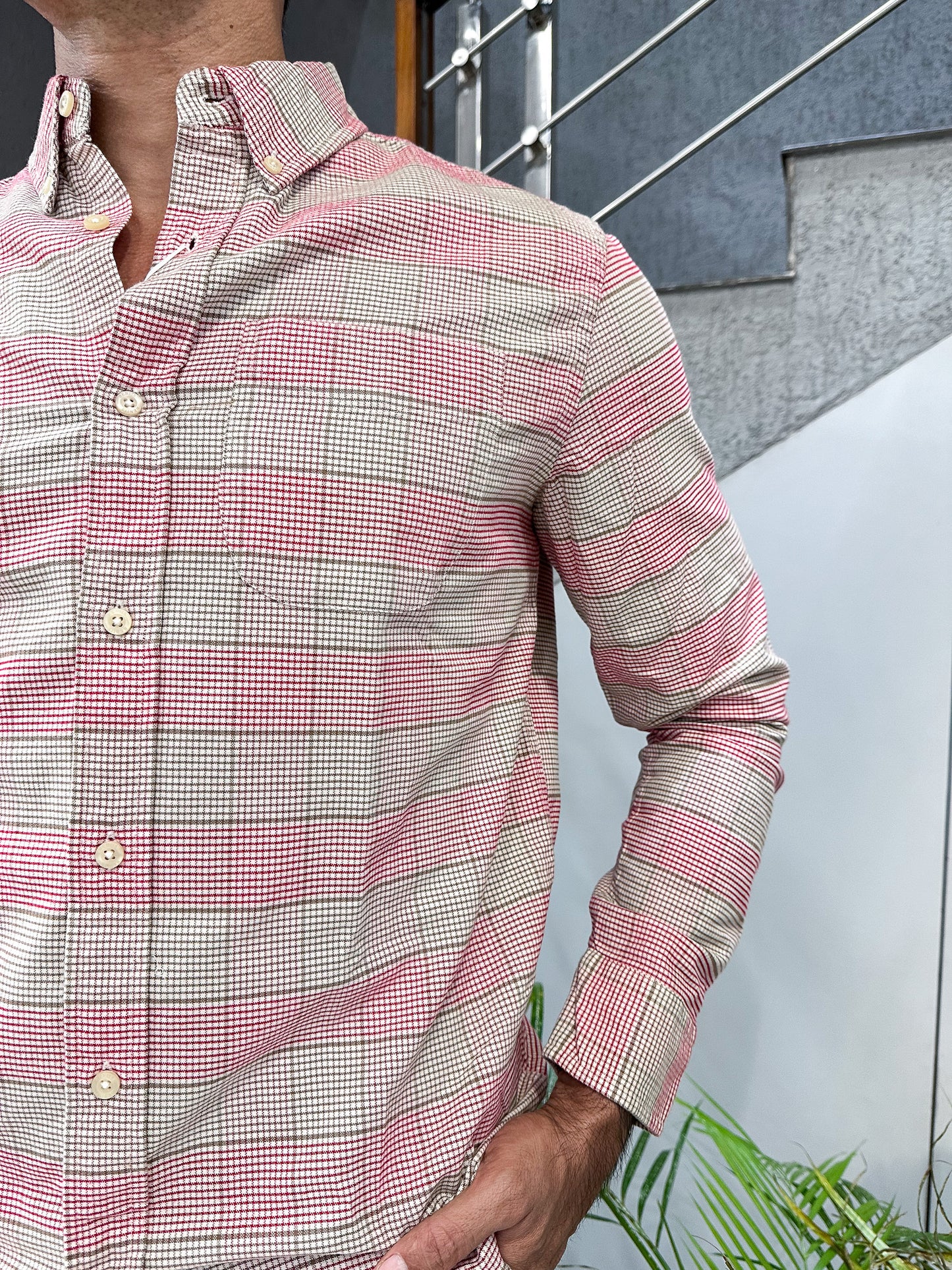 HENIIS Premium Red Beige Checked Cotton Shirt for Men | Luxury Casual Full Sleeve Shirt