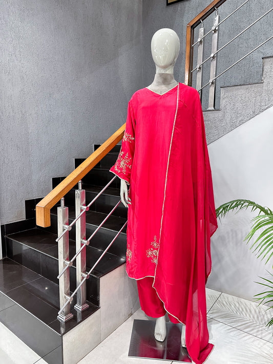 Hot Pink Premium Crepe Party Wear Churidar Set with Embroidered Sleeves & Dupatta | Designer Ethnic Wear for Women