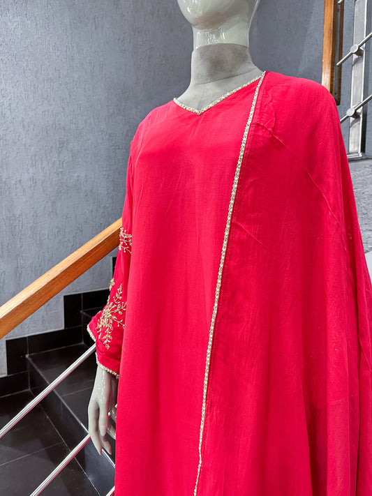 Hot Pink Premium Crepe Party Wear Churidar Set with Embroidered Sleeves & Dupatta | Designer Ethnic Wear for Women