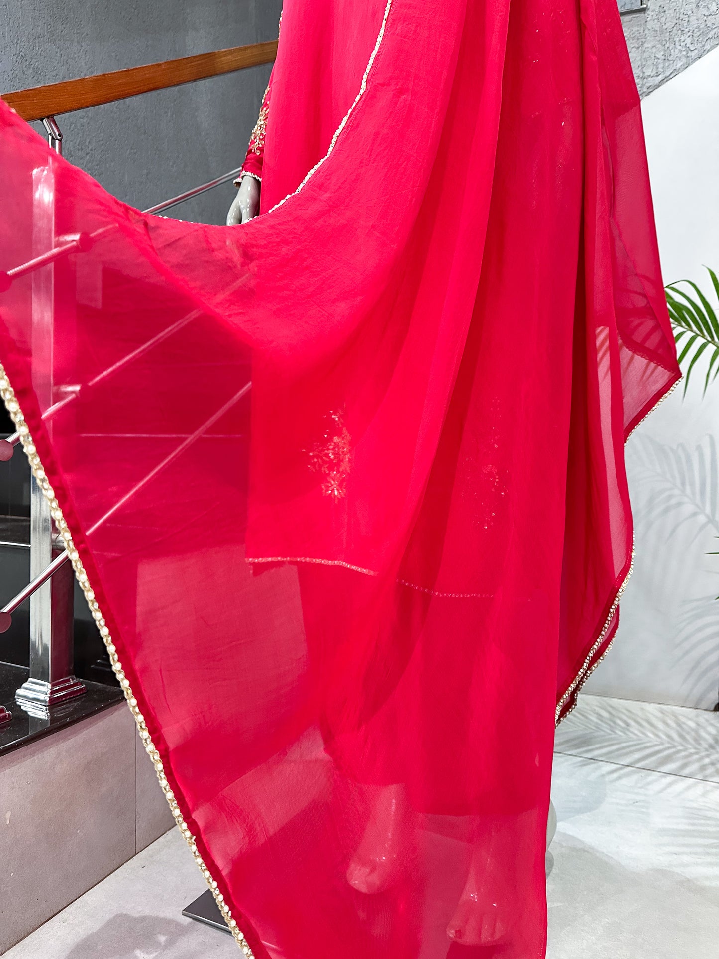 Hot Pink Premium Crepe Party Wear Churidar Set with Embroidered Sleeves & Dupatta | Designer Ethnic Wear for Women