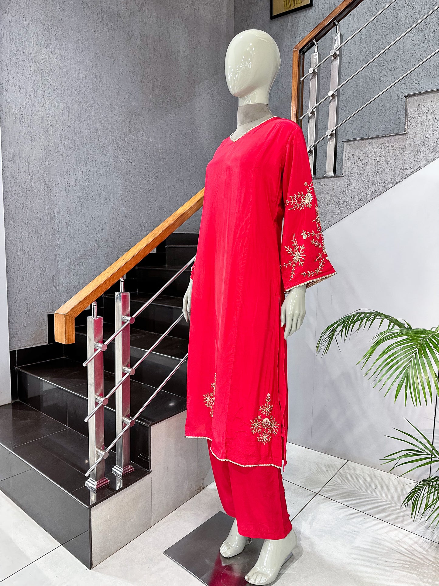 Hot Pink Premium Crepe Party Wear Churidar Set with Embroidered Sleeves & Dupatta | Designer Ethnic Wear for Women