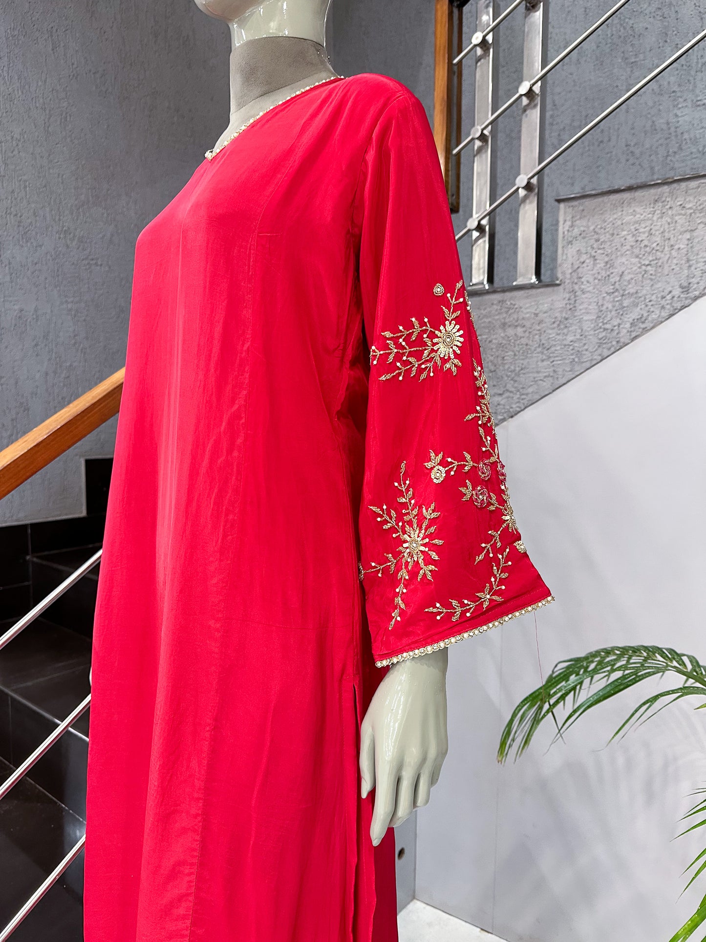 Hot Pink Premium Crepe Party Wear Churidar Set with Embroidered Sleeves & Dupatta | Designer Ethnic Wear for Women