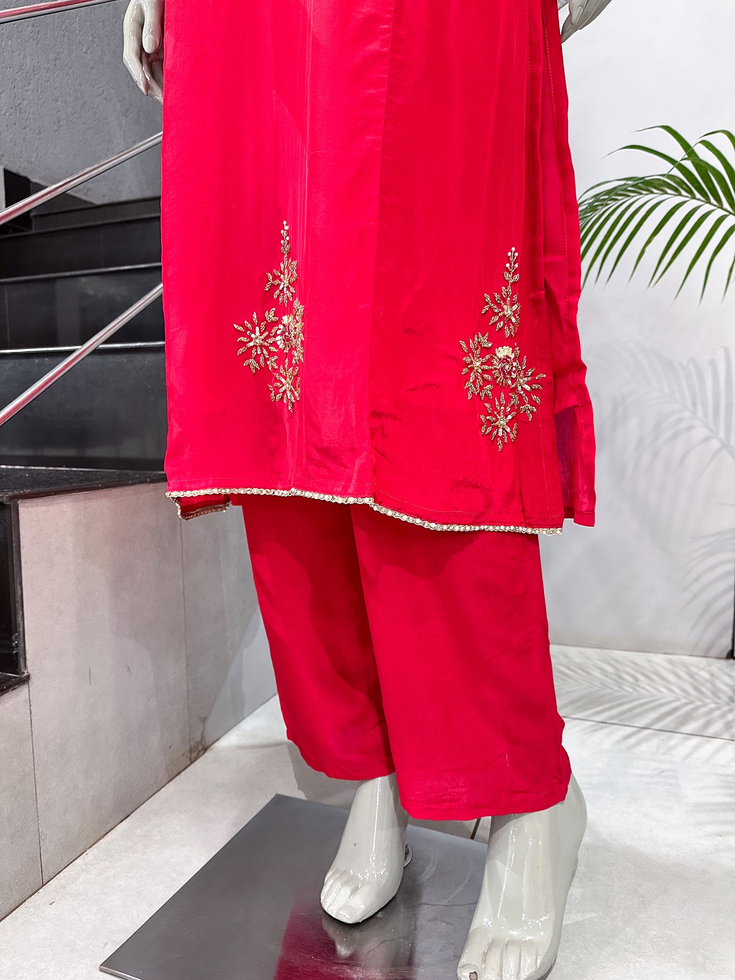 Hot Pink Premium Crepe Party Wear Churidar Set with Embroidered Sleeves & Dupatta | Designer Ethnic Wear for Women
