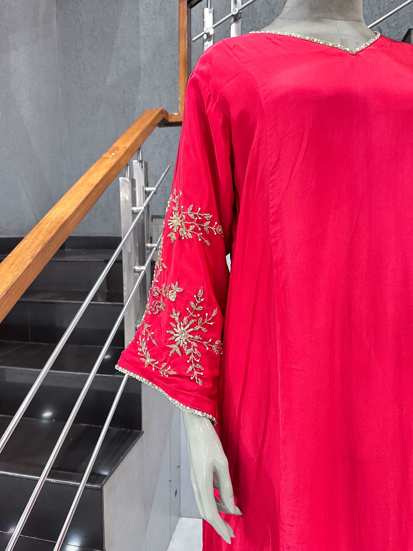 Hot Pink Premium Crepe Party Wear Churidar Set with Embroidered Sleeves & Dupatta | Designer Ethnic Wear for Women