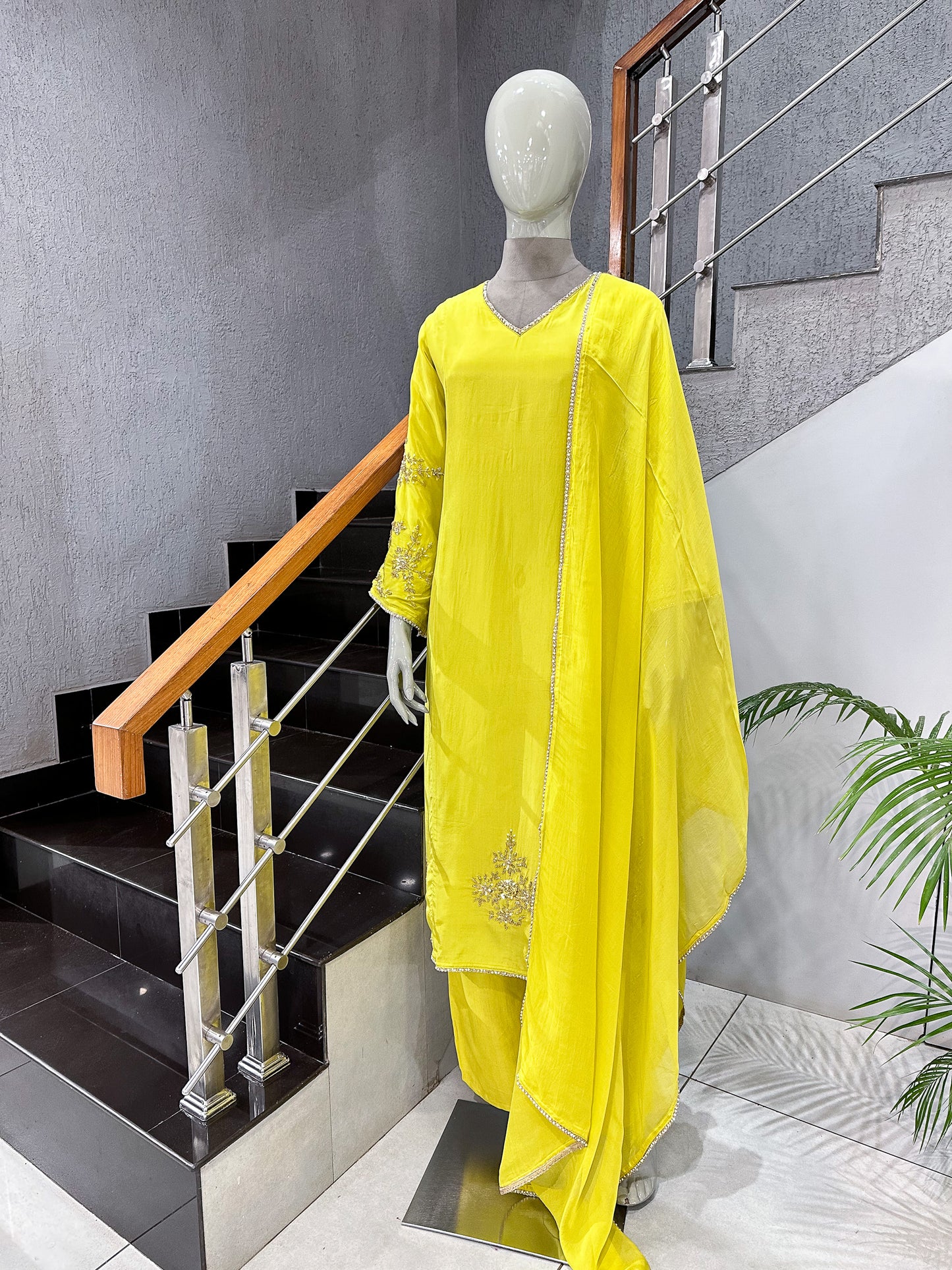 Lemon Yellow Premium Crepe Party Wear Churidar Set with Embroidered Sleeves & Elegant Dupatta for Women