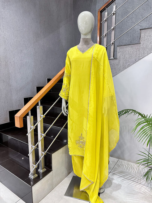 Lemon Yellow Premium Crepe Party Wear Churidar Set with Embroidered Sleeves & Elegant Dupatta for Women