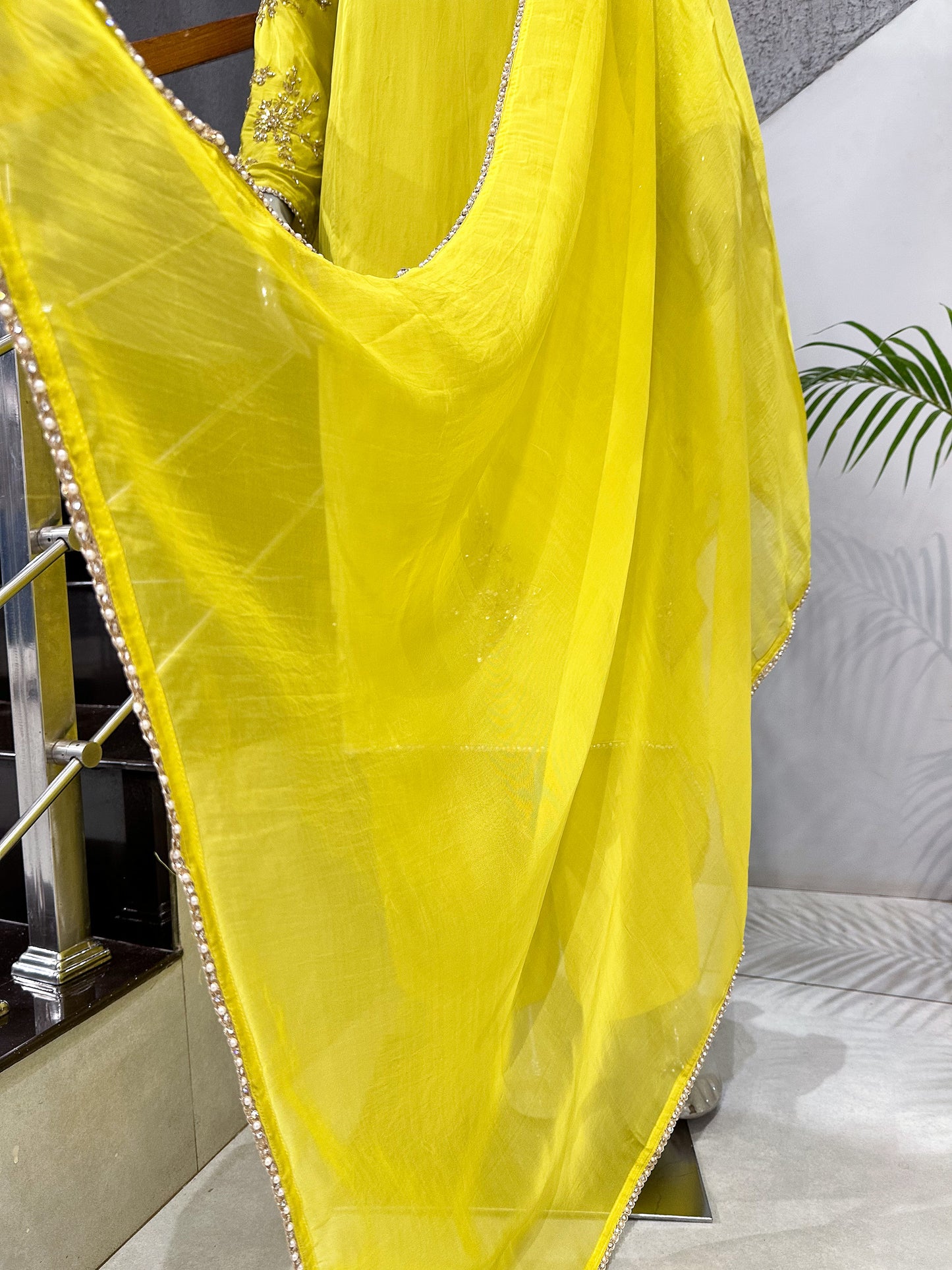 Lemon Yellow Premium Crepe Party Wear Churidar Set with Embroidered Sleeves & Elegant Dupatta for Women