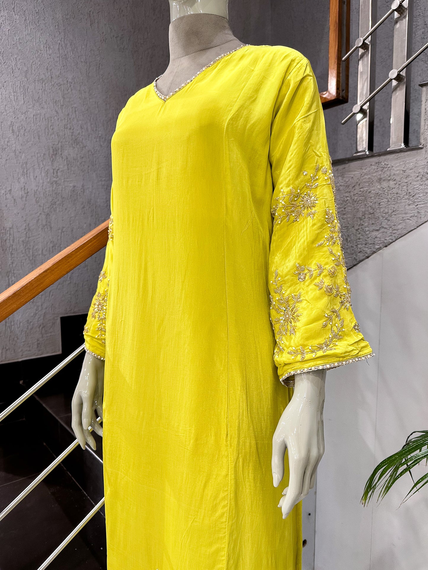 Lemon Yellow Premium Crepe Party Wear Churidar Set with Embroidered Sleeves & Elegant Dupatta for Women