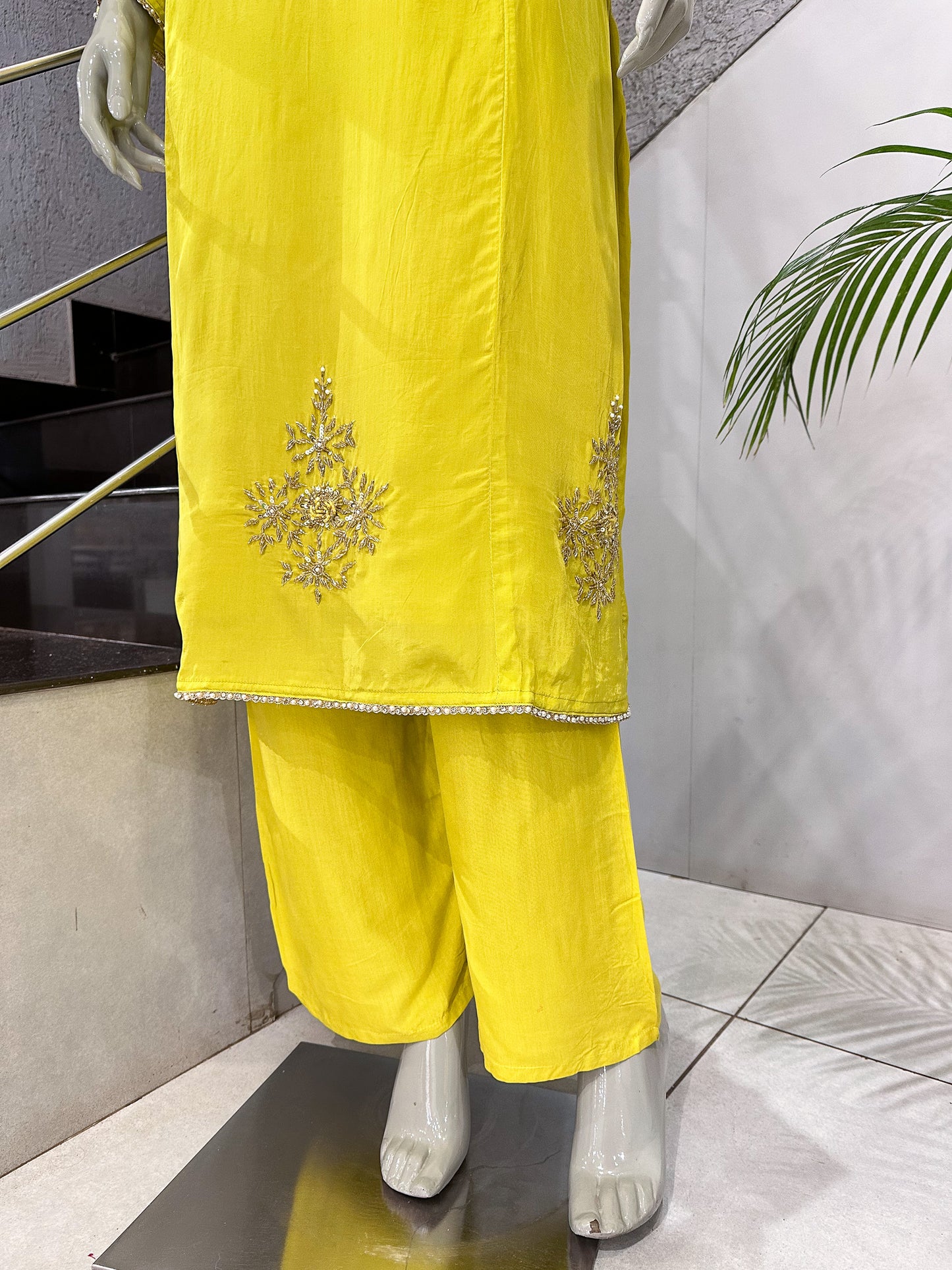 Lemon Yellow Premium Crepe Party Wear Churidar Set with Embroidered Sleeves & Elegant Dupatta for Women