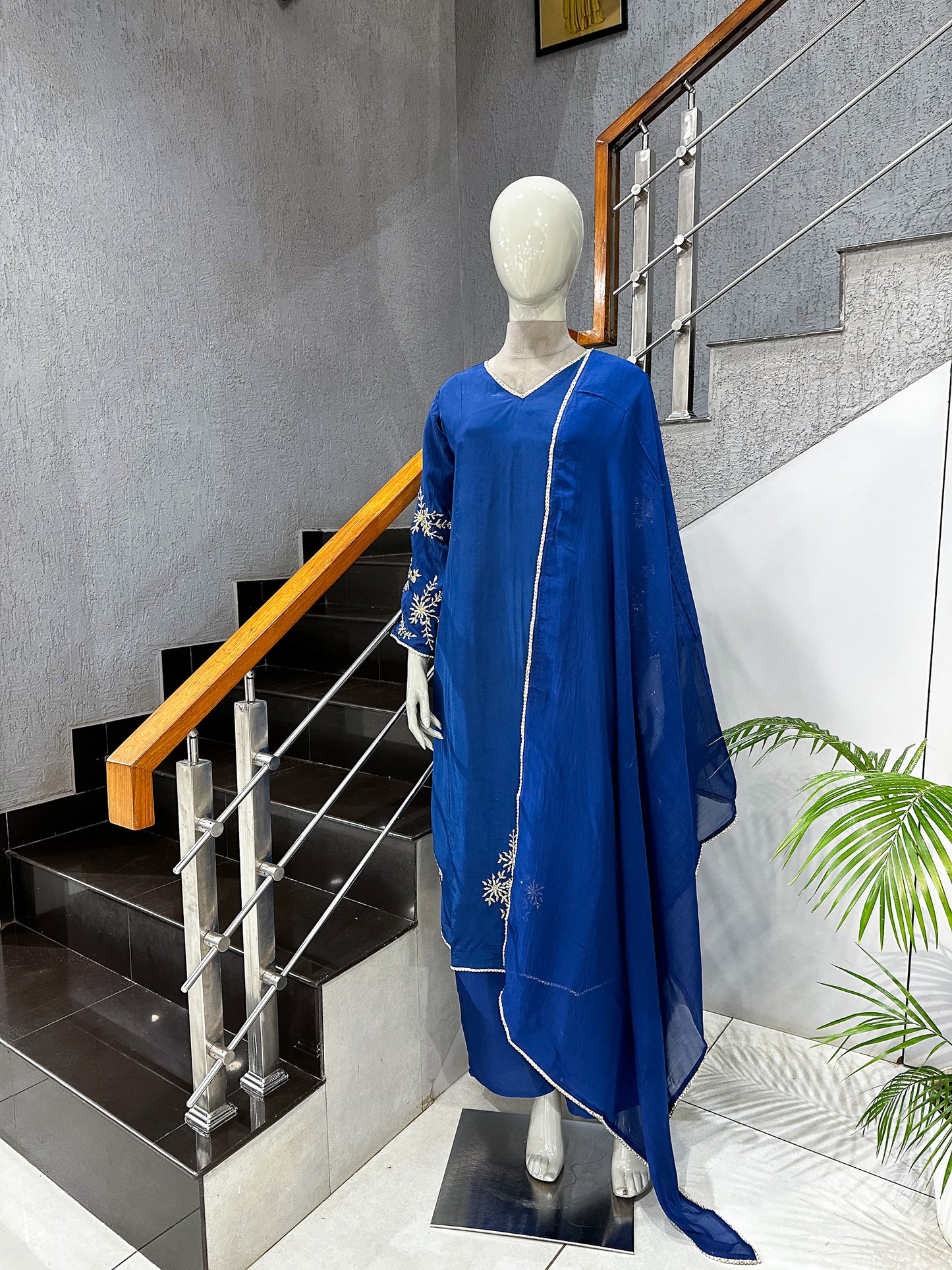 Royal Blue Premium Crepe Party Wear Churidar Set with Embroidered Sleeves & Elegant Dupatta for Women