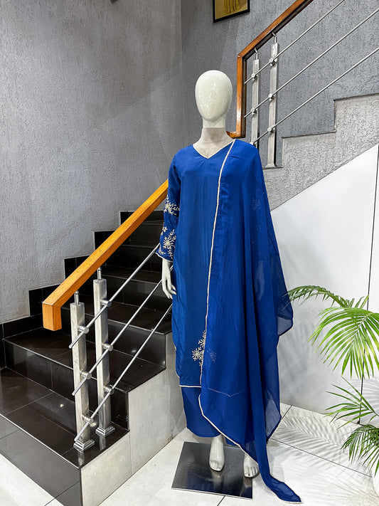 Royal Blue Premium Crepe Party Wear Churidar Set with Embroidered Sleeves & Elegant Dupatta for Women