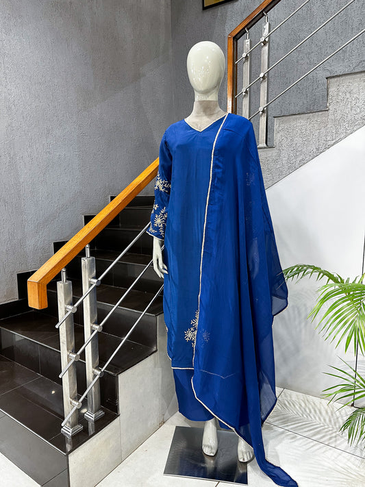 Royal Blue Premium Crepe Party Wear Churidar Set with Embroidered Sleeves & Elegant Dupatta for Women
