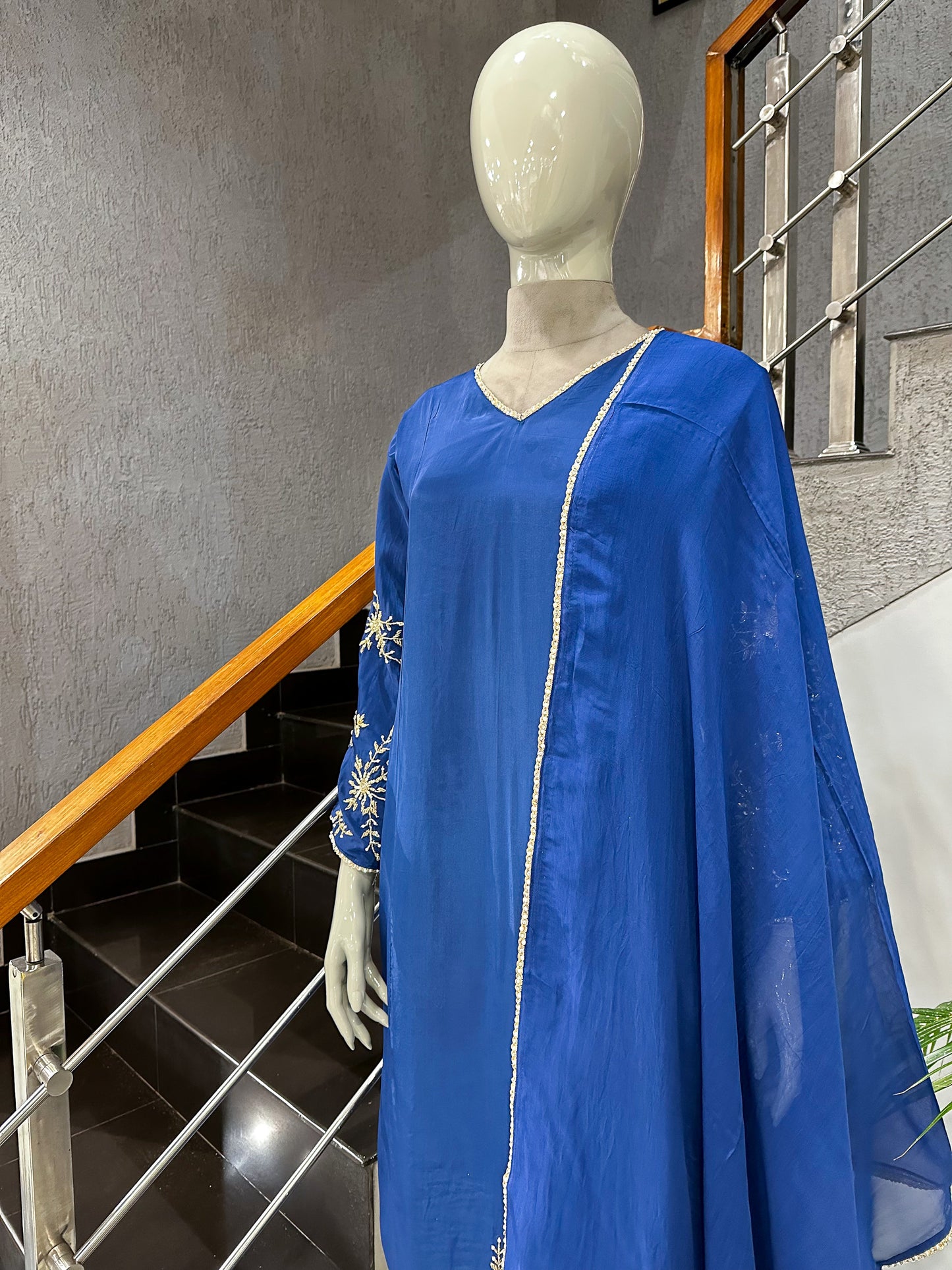 Royal Blue Premium Crepe Party Wear Churidar Set with Embroidered Sleeves & Elegant Dupatta for Women
