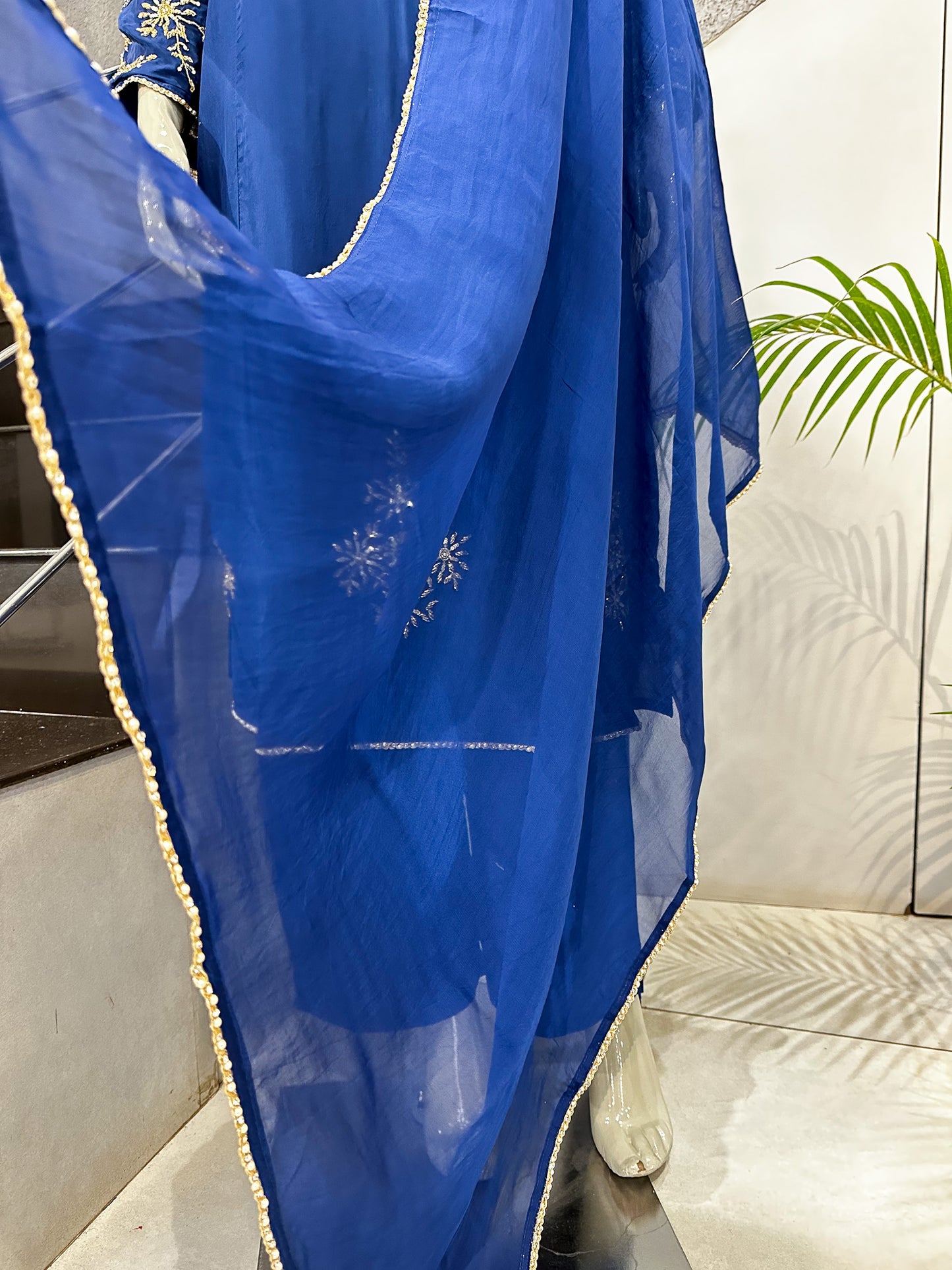 Royal Blue Premium Crepe Party Wear Churidar Set with Embroidered Sleeves & Elegant Dupatta for Women