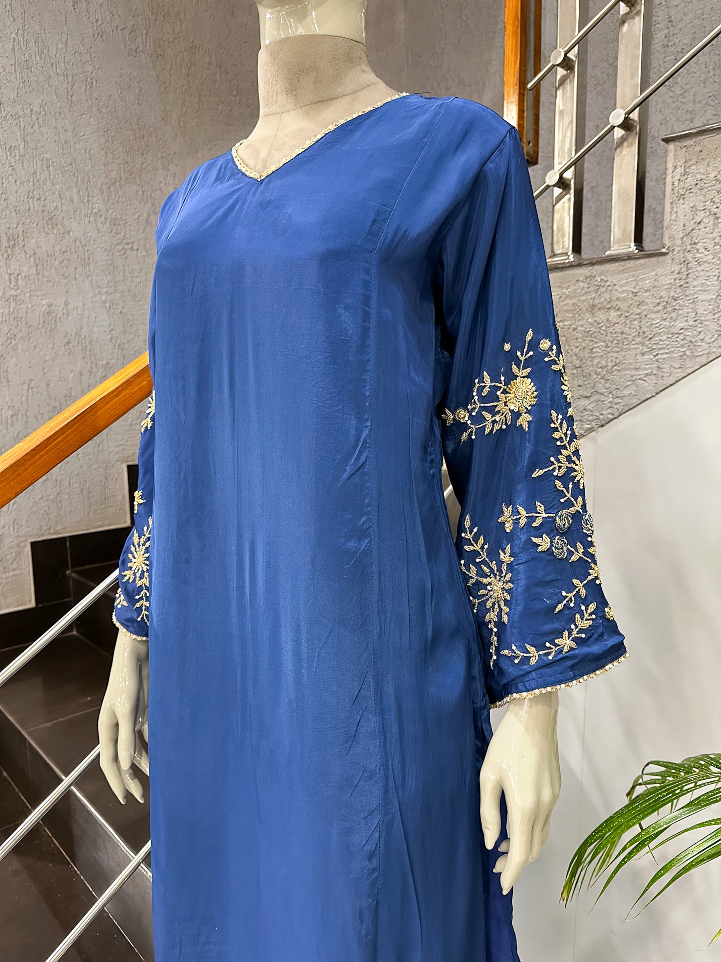 Royal Blue Premium Crepe Party Wear Churidar Set with Embroidered Sleeves & Elegant Dupatta for Women