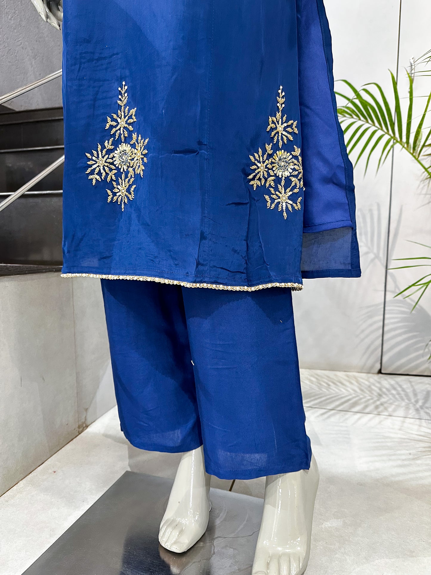 Royal Blue Premium Crepe Party Wear Churidar Set with Embroidered Sleeves & Elegant Dupatta for Women