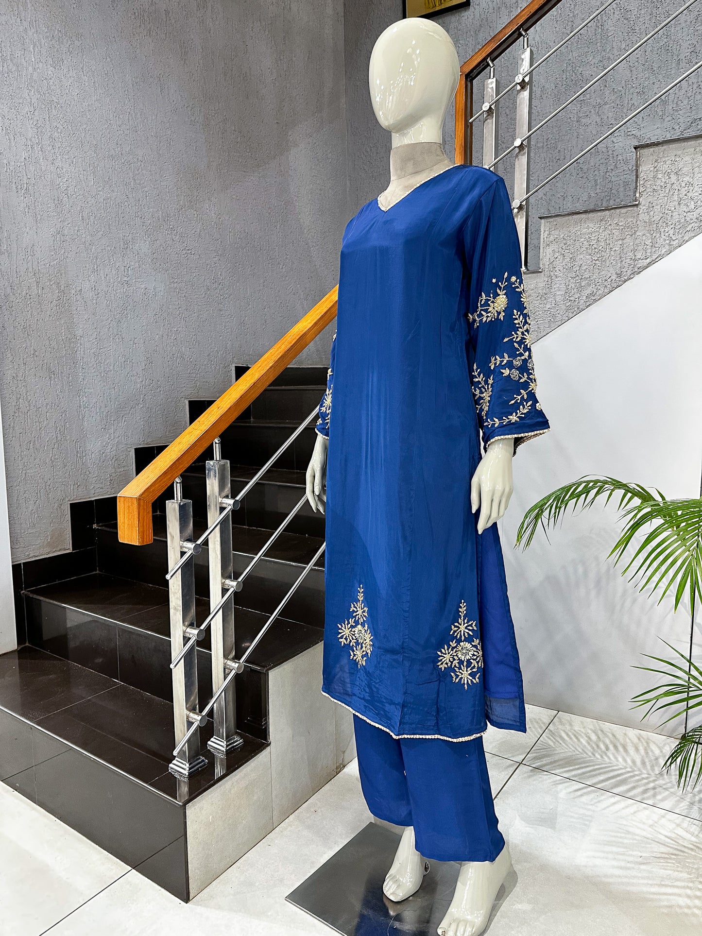 Royal Blue Premium Crepe Party Wear Churidar Set with Embroidered Sleeves & Elegant Dupatta for Women