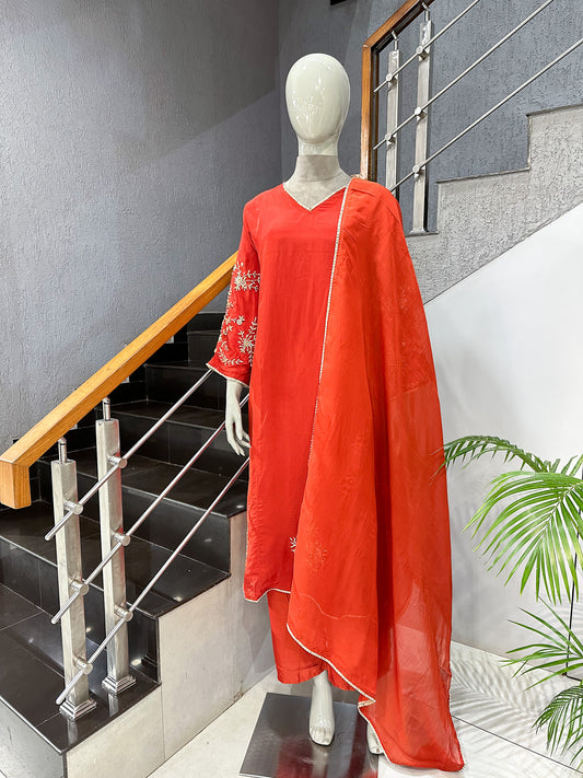 Burnt Orange Premium Crepe Party Wear Churidar Set with Embroidered Sleeves & Elegant Dupatta for Women