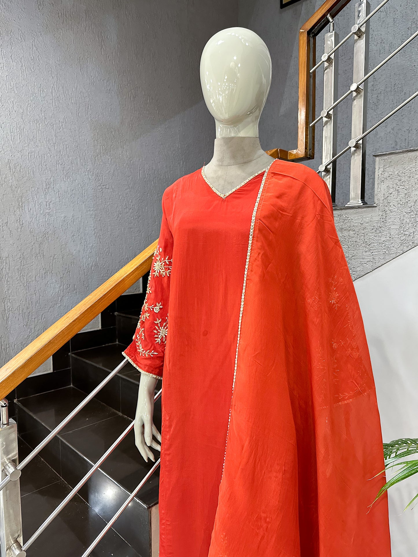Burnt Orange Premium Crepe Party Wear Churidar Set with Embroidered Sleeves & Elegant Dupatta for Women