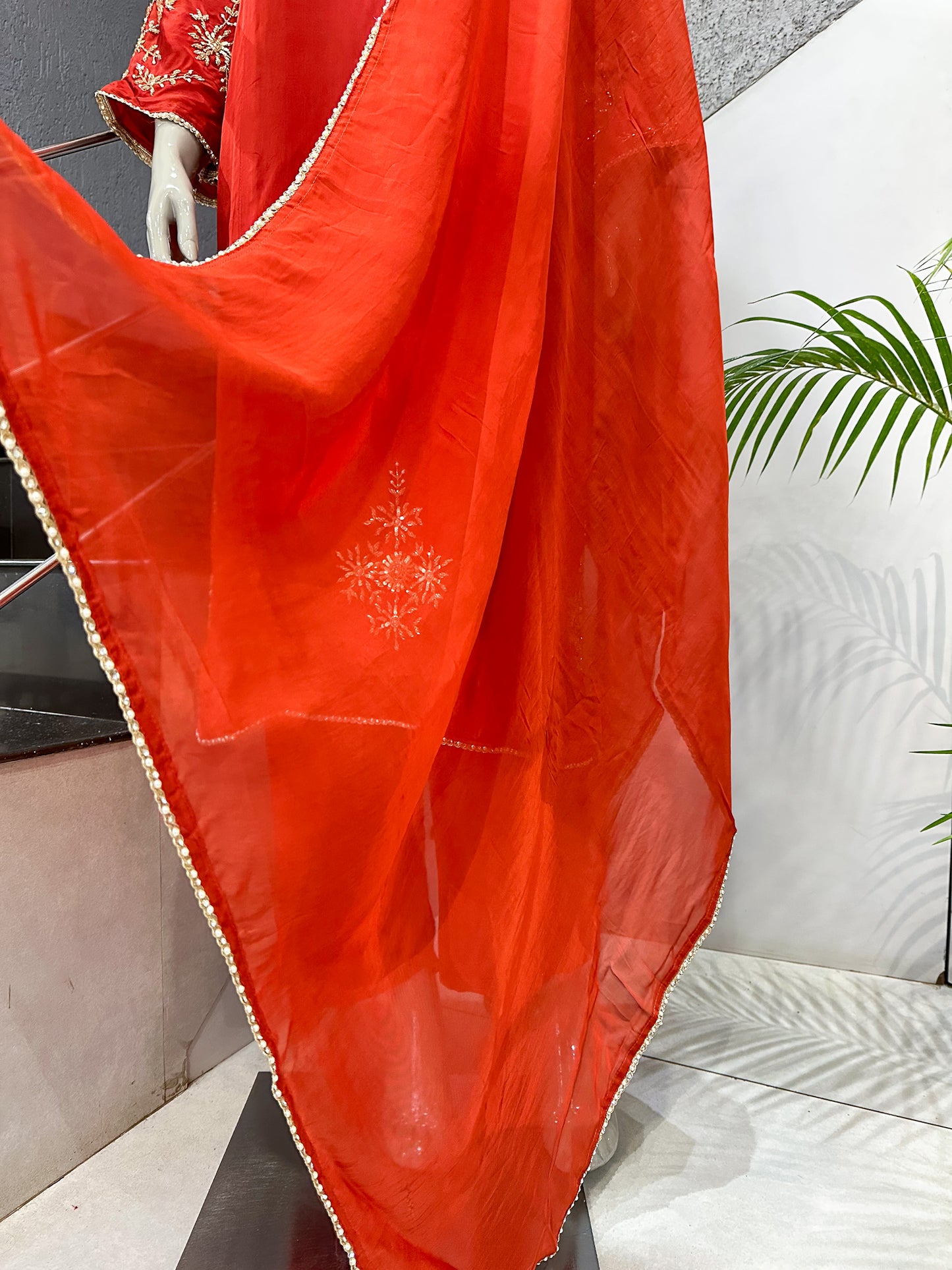 Burnt Orange Premium Crepe Party Wear Churidar Set with Embroidered Sleeves & Elegant Dupatta for Women