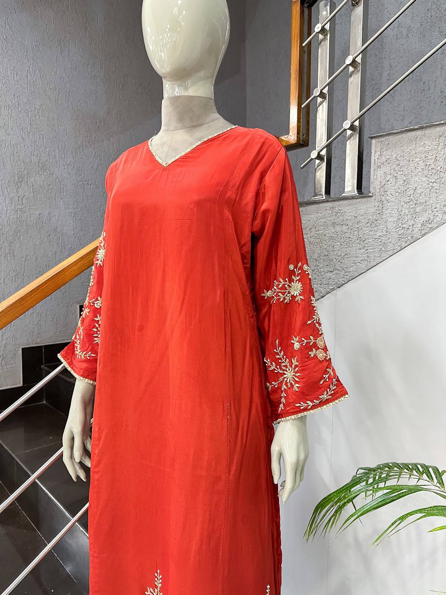 Burnt Orange Premium Crepe Party Wear Churidar Set with Embroidered Sleeves & Elegant Dupatta for Women