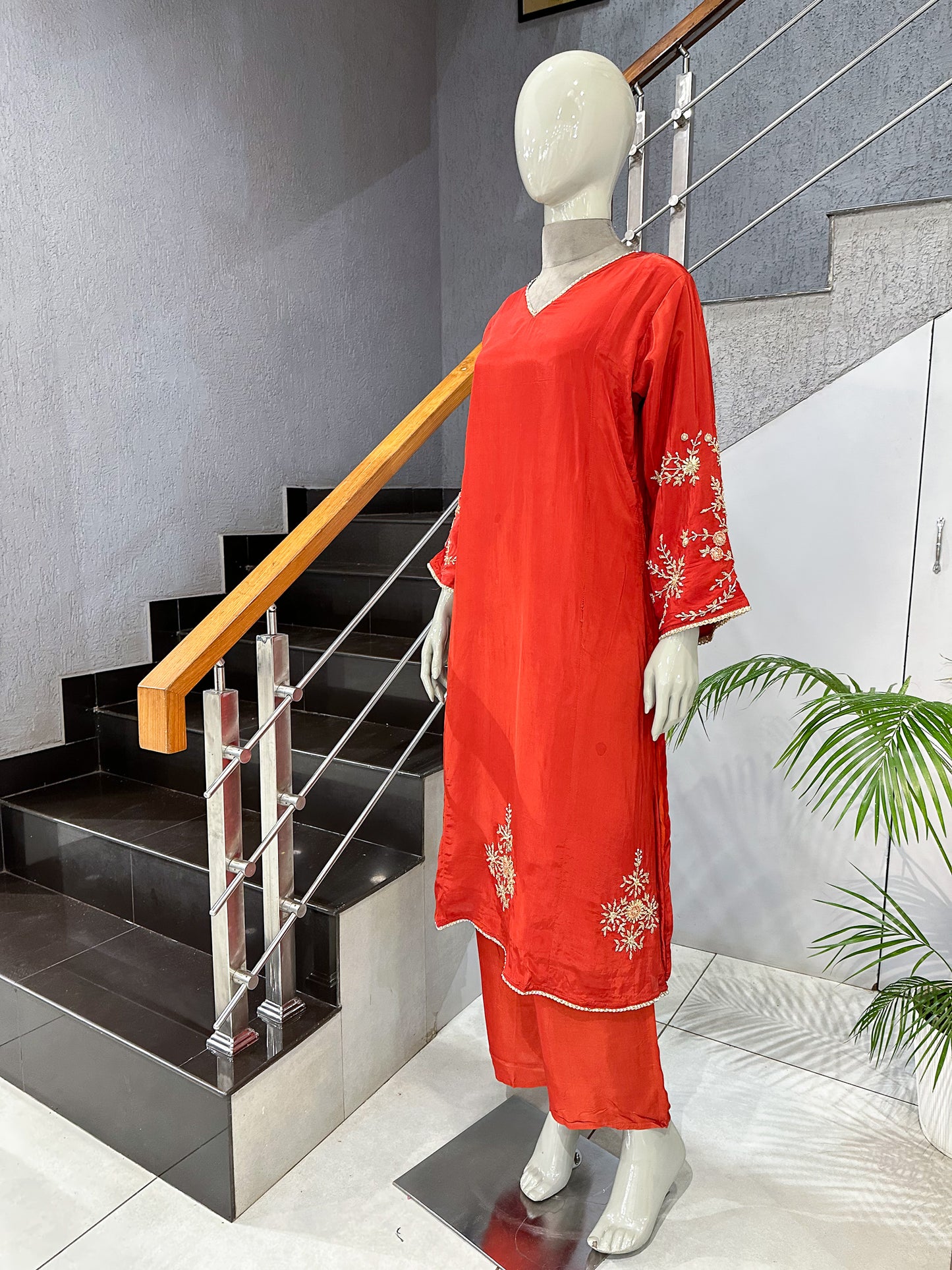 Burnt Orange Premium Crepe Party Wear Churidar Set with Embroidered Sleeves & Elegant Dupatta for Women