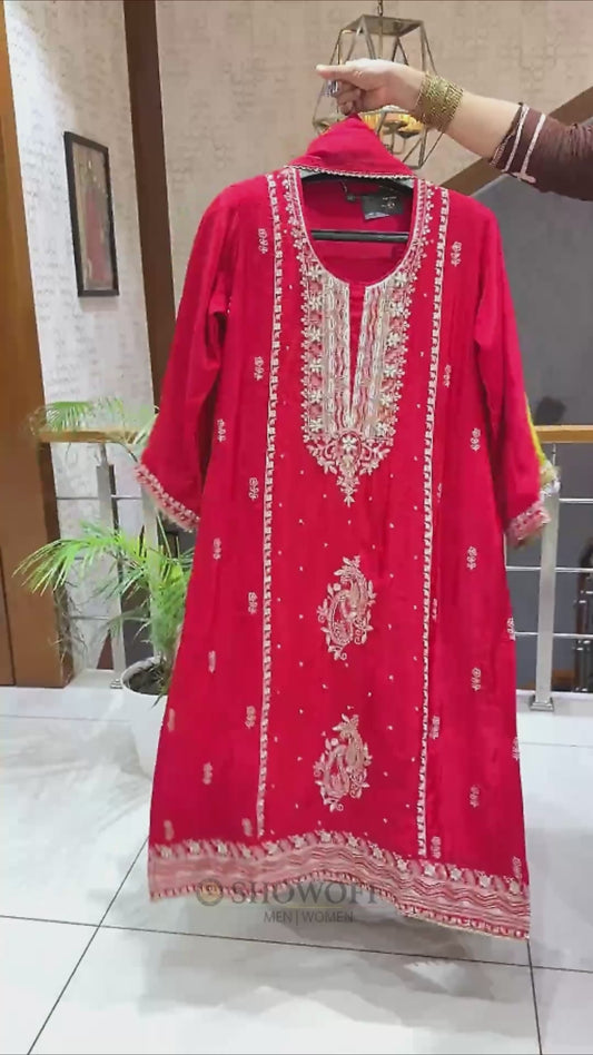 SHOWOFF WOMEN Premium Poly Crepe Party Wear Churidar Set with Organza Dupatta & Santoon Palazzo | Designer Ethnic Wear
