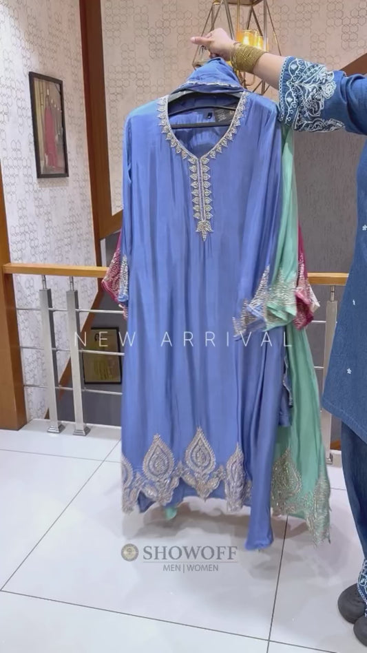 SHOWOFF WOMEN Premium Handworked Poly Crepe Anarkali Palazzo Set with Dupatta – Ivory | Mint Green | Rose Pink | Dusty Blue