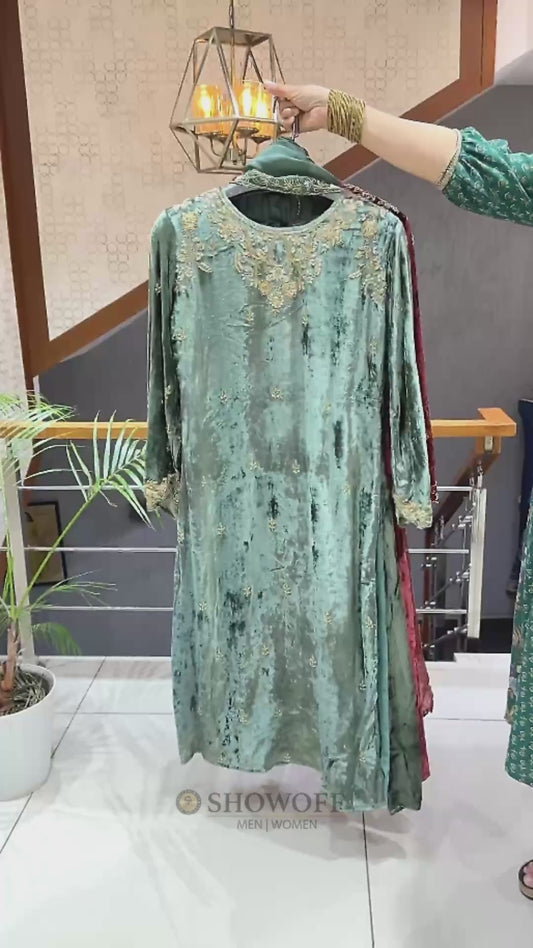 SHOWOFF WOMEN Premium Velvet Designer Churidar Set with Handwork, Organza Dupatta & Palazzo – BRICK Red & Sage Green
