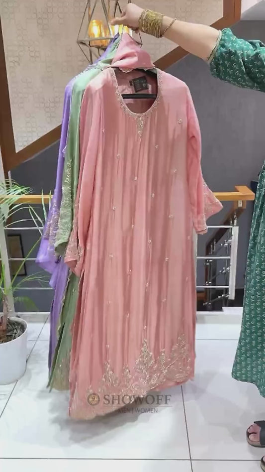 SHOWOFF WOMEN Premium Russian Silk Designer Churidar Set with Handwork, Russian Silk Dupatta & Santoon Palazzo | Party Wear Ethnic Collection