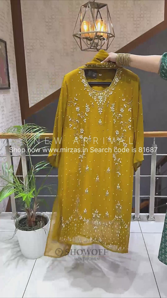 SHOWOFF Mustard Chiffon Hand-Embroidered Festive Sharara Set With Embellished Dupatta