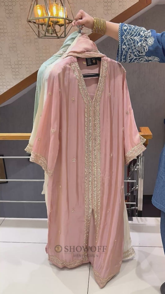 SHOWOFF WOMEN Premium Shimmer Fabric Handworked CHURIDAR Palazzo Set with Dupatta – Ivory, Blush Pink & Mint Green