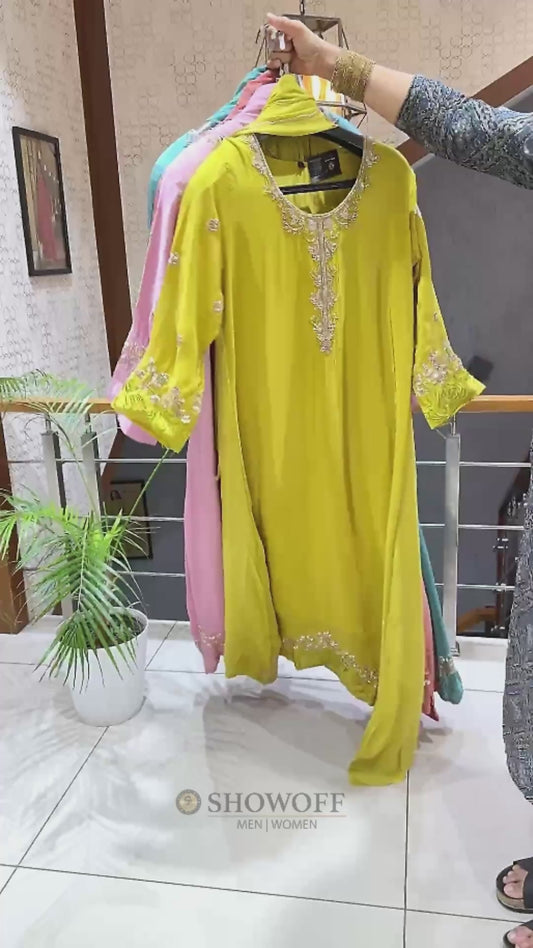SHOWOFF WOMEN Premium Crepe Silk Designer Churidar Set with Handwork & Embroidered Chiffon Dupatta | Party Wear Palazzo Suit