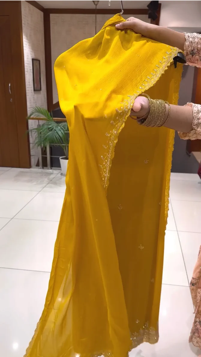 Elegant Mustard Yellow Chinon Salwar Fabric Description
