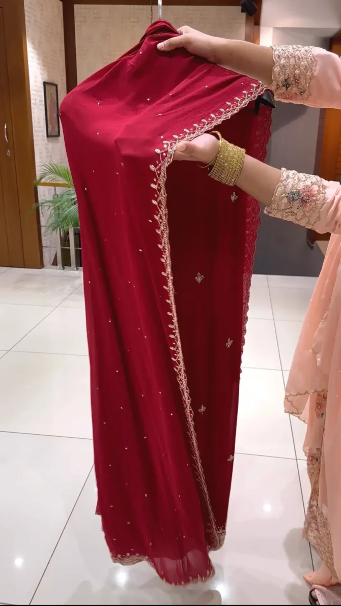 Elegant Maroon Chinon Salwar Fabric with Intricate Handwork