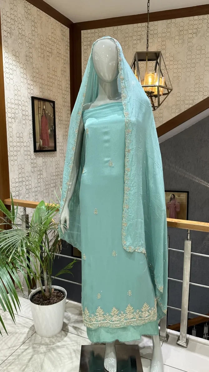 Chinon Fabric Aqua Colour Churidar Set: Elegance in Every Detail