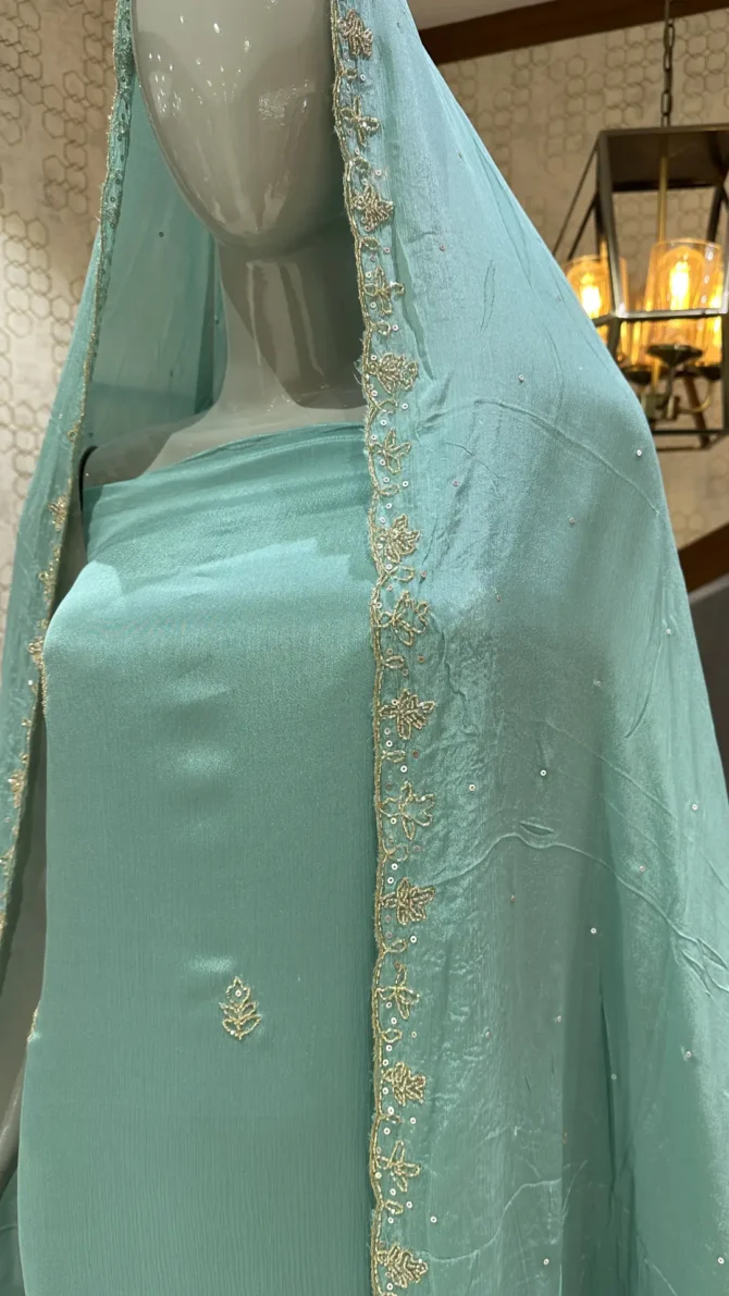 Chinon Fabric Aqua Colour Churidar Set: Elegance in Every Detail