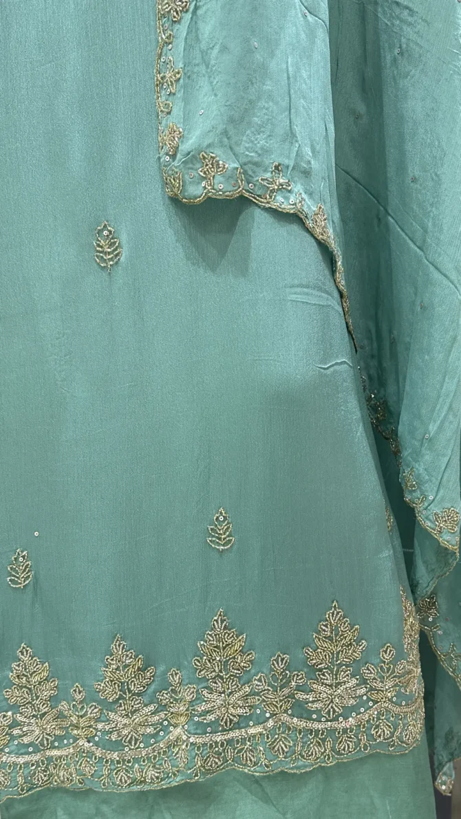 Chinon Fabric Aqua Colour Churidar Set: Elegance in Every Detail