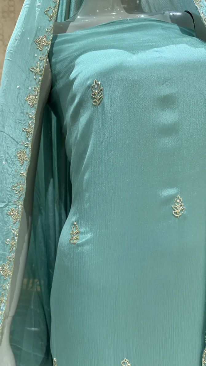 Chinon Fabric Aqua Colour Churidar Set: Elegance in Every Detail