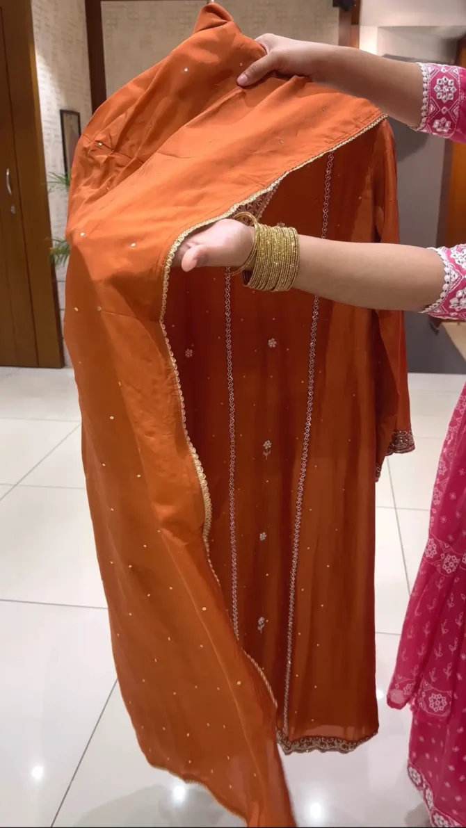 Stunning Orange Organza Party Wear Salwar Set