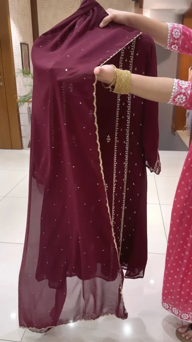 Elegant Maroon Chiffon Anarkali Set