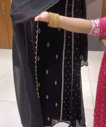 Elegant Black Chiffon Anarkali with Pleated Palazzo